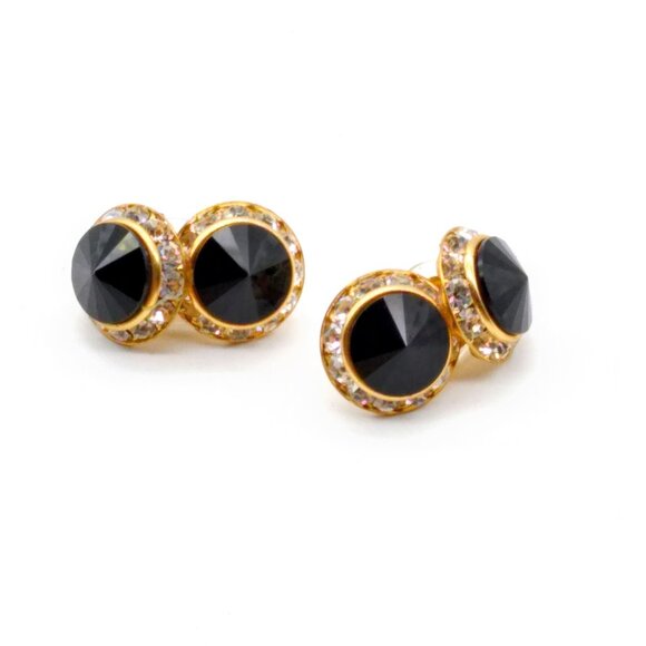 Vintage Black and White Double Circle Earrings, Black Faceted Rivoli Crystals - Picture 2 of 5